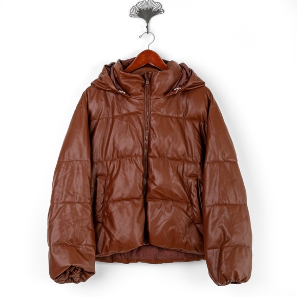 OOF WEAR Faux Leather Puffer Women's Jacket Hooded Brown $428 - Size 48 - US 12 - Picture 4 of 14